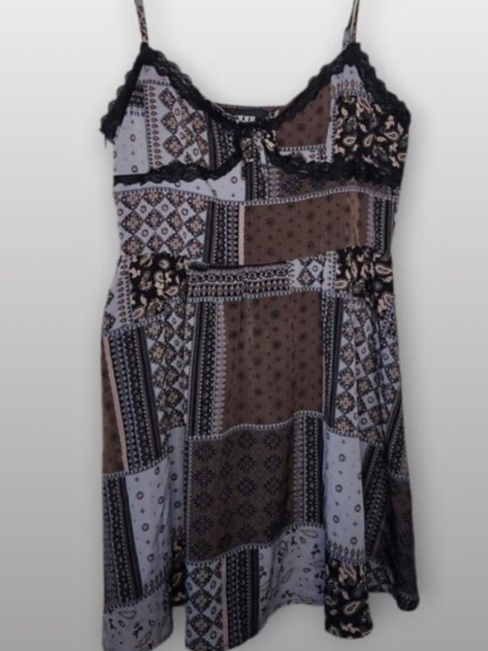 Cider Womens Paisley Patchwork Babydoll Slip Dress XL Goth Neutral